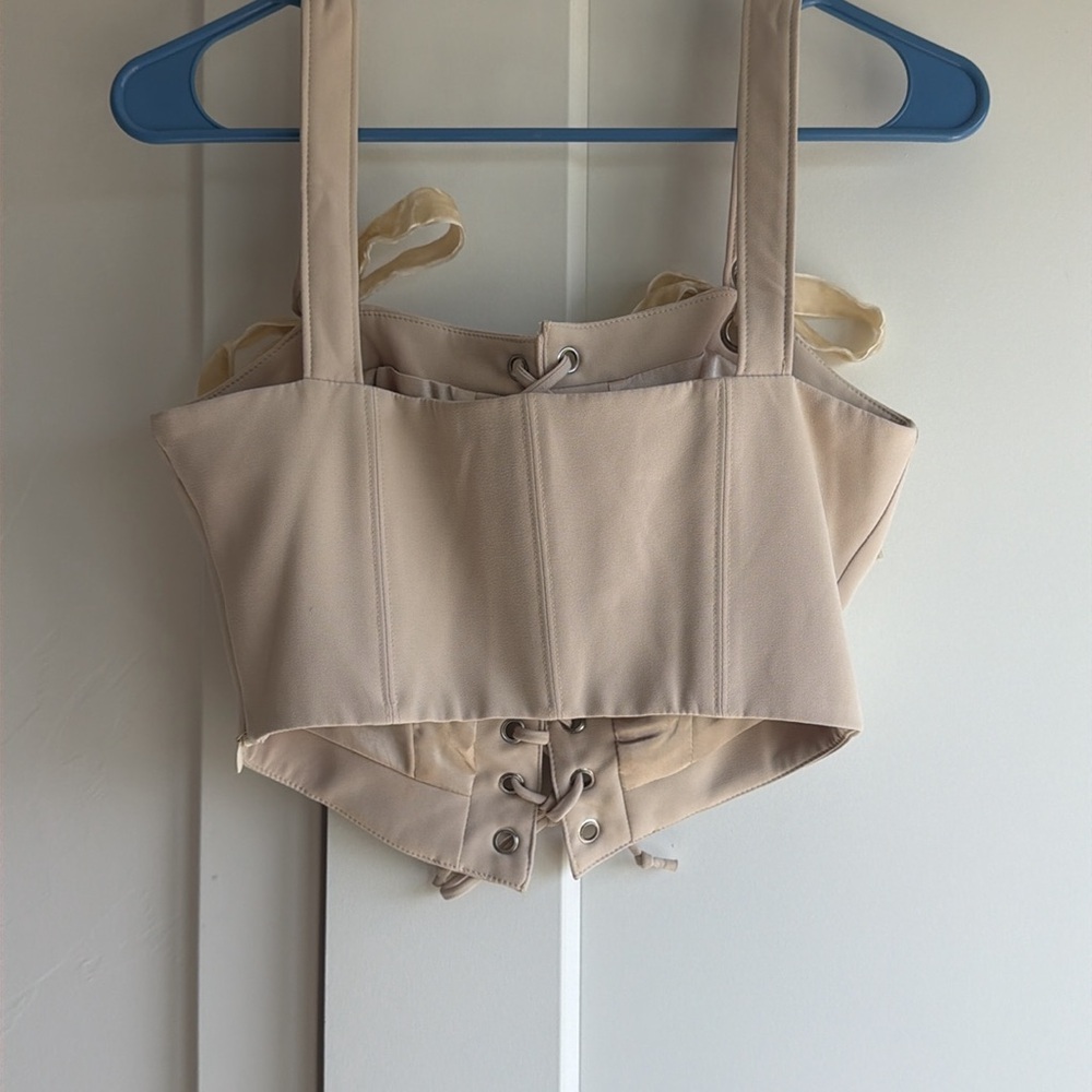 Beige Lace-Up Corset Tank Top with Velvet Tie Straps - Picture 2 of 5